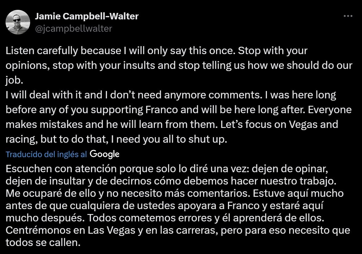 El duro mensaje de Jamie Campbell-Walter en X (Captura de pantalla)