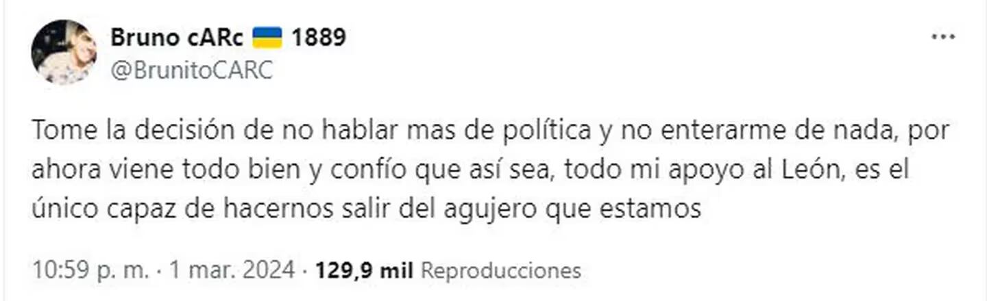 El posteo que realizó días atrás Bruno Bussanich, el playero asesinado en Rosario. Gentileza: captura X  @BrunitoCARC.