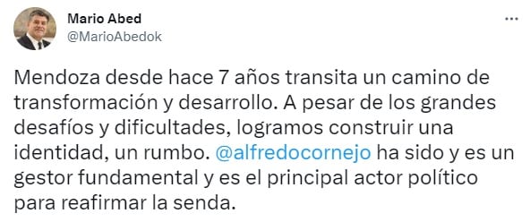 Tuit del vicegobernador Mario Abed sobre candidatura de Alfredo Cornejo