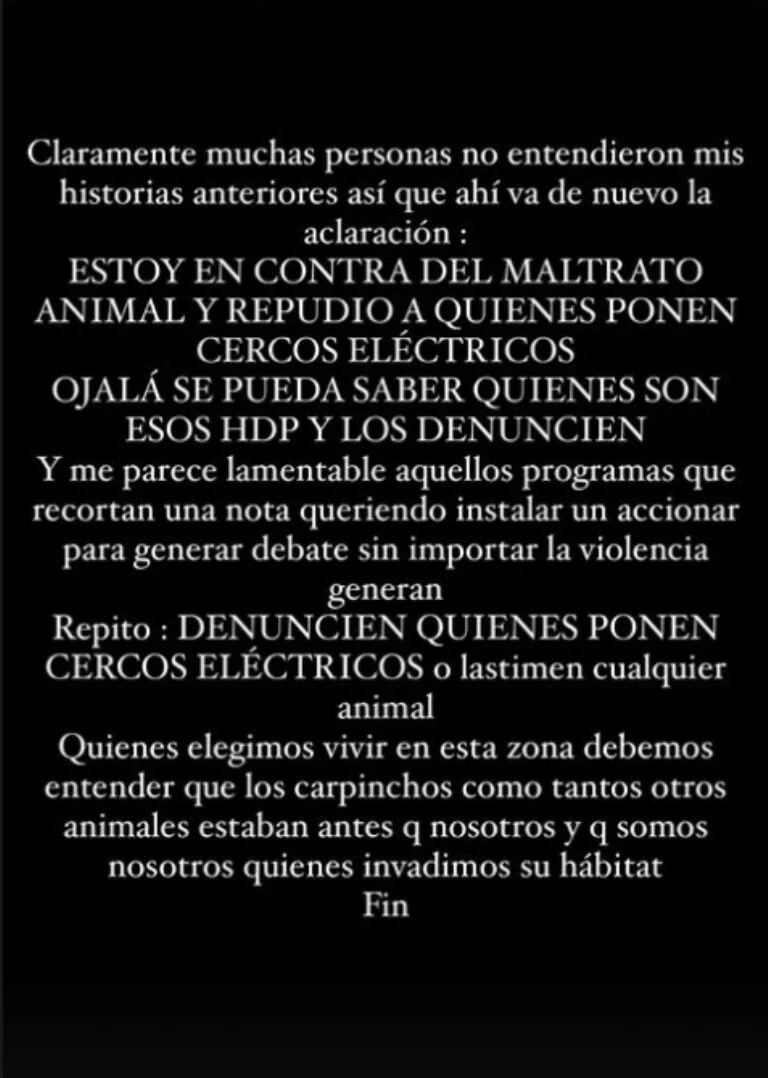 La modelo habló del problema que le generan los carpinchos en su casa.