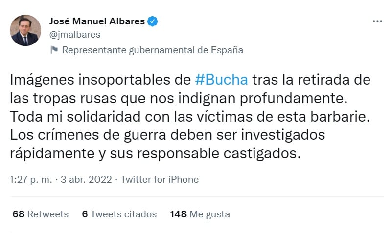 Tweet el ministro de Exteriores, José Manuel Albares