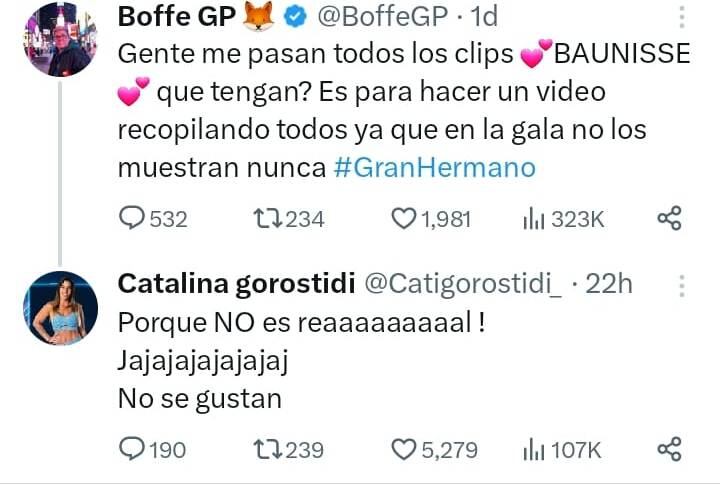 Catalina desmintió en las redes sociales el romance entre Denisse y Bautista y fue duramente criticada