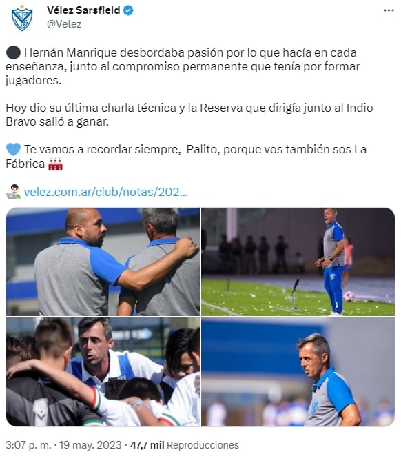 Tras el fallecimiento de Manrique, Vélez suspendió el partido contra Racing. Foto: Vélez Sarsfield / Twitter