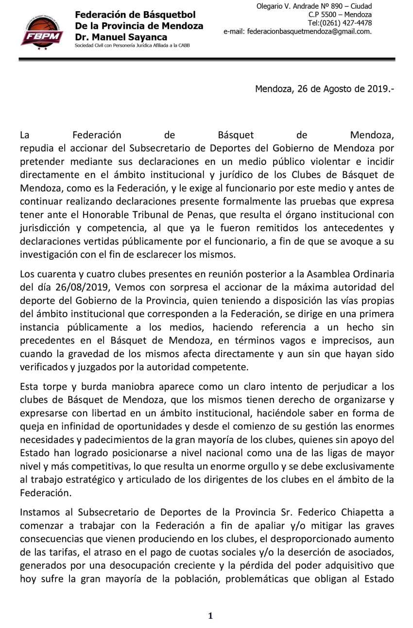 
    Repudio, En su escrito, la FBPM rehaza los dichos del Subsecretario de Deportes, Federico Chiapetta.
   