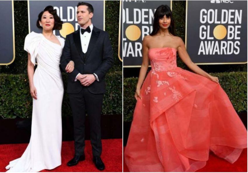 
    Sandra Oh y Andy Samberg, los conductores de la gala. / ¡Sorpresa! Debajo de su vestido coral con flores, Jameela Jamil portó un jean.
   