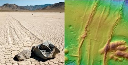 
Escaneado del rastro y una huella fosilizadas (der), junto a una piedra deslizante actual (izq) | Gentileza - ABC
   