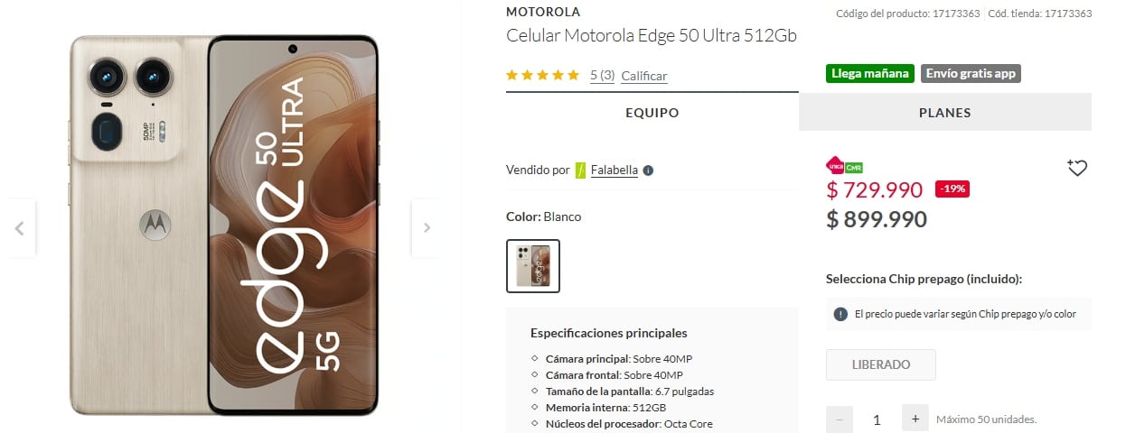 La tienda de Falabella ofrece un teléfono Motorola Edge 50 Ultra con 512GB a un precio promocional de $729.990 chilenos.