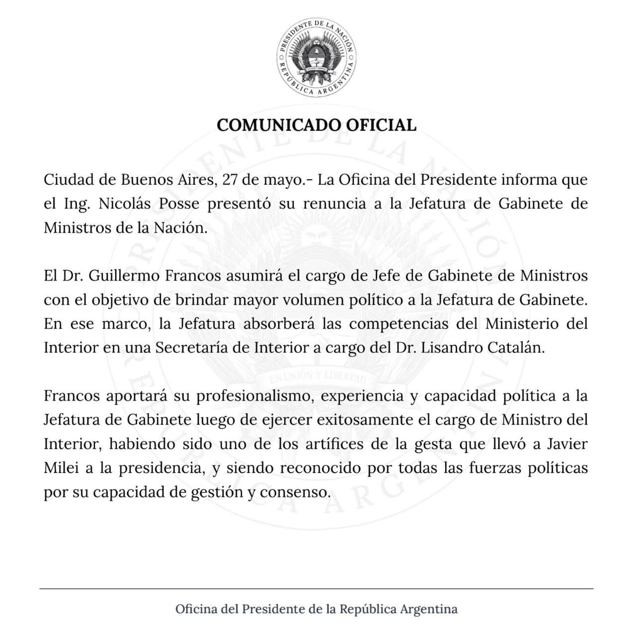 Nicolás Posse dejó de ser el Jefe de Gabinete.