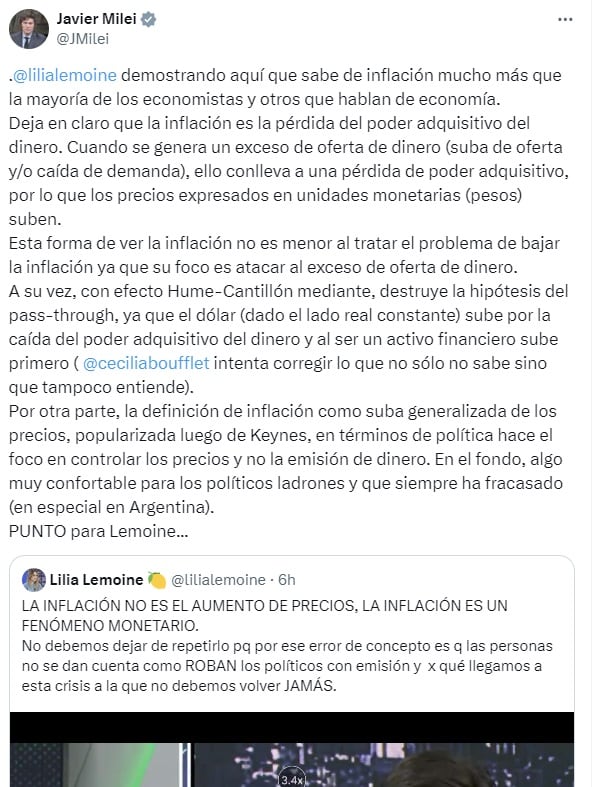 Milei elogia la definición de la inflación que hizo Lilia Lemoine (X)