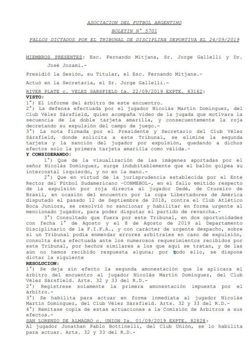 
    El fallo del Tribunal en el que notifica que le saca la segunda amarilla a Nicolás Domínguez.
   