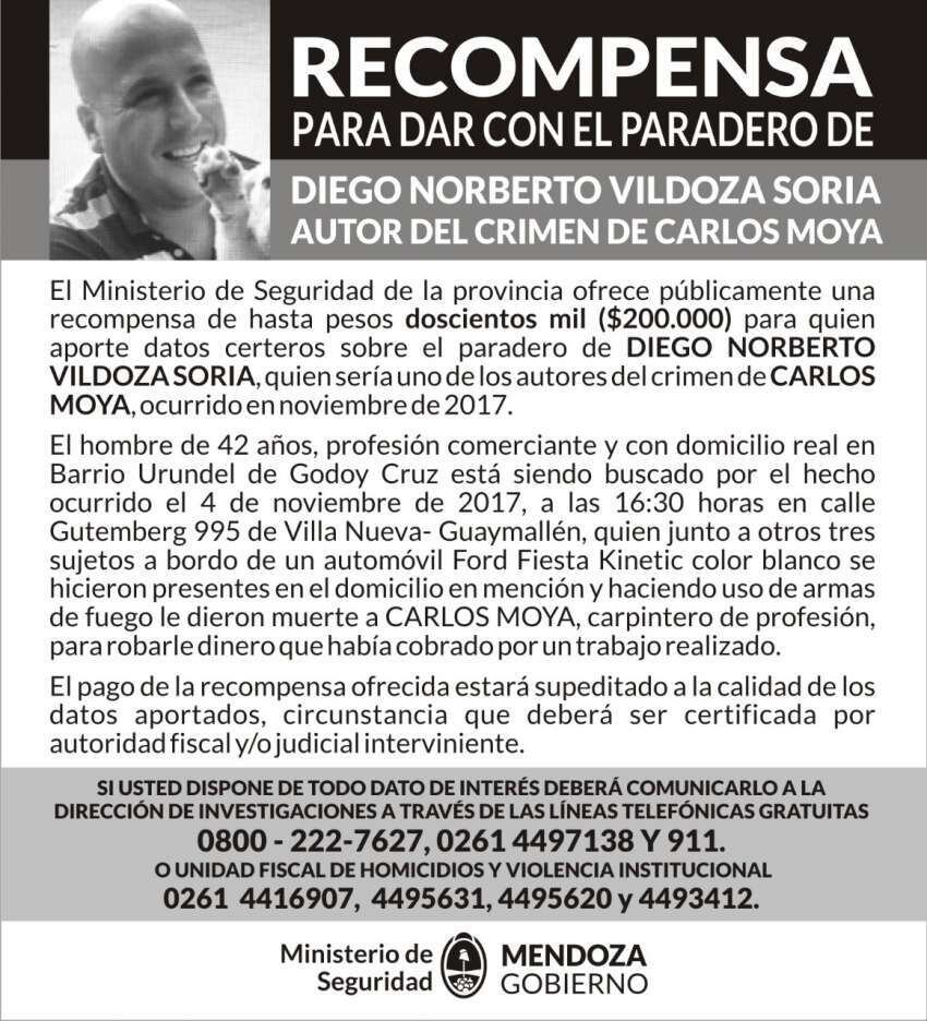 
El pedido de recompensa para detener a Vildoza. 
