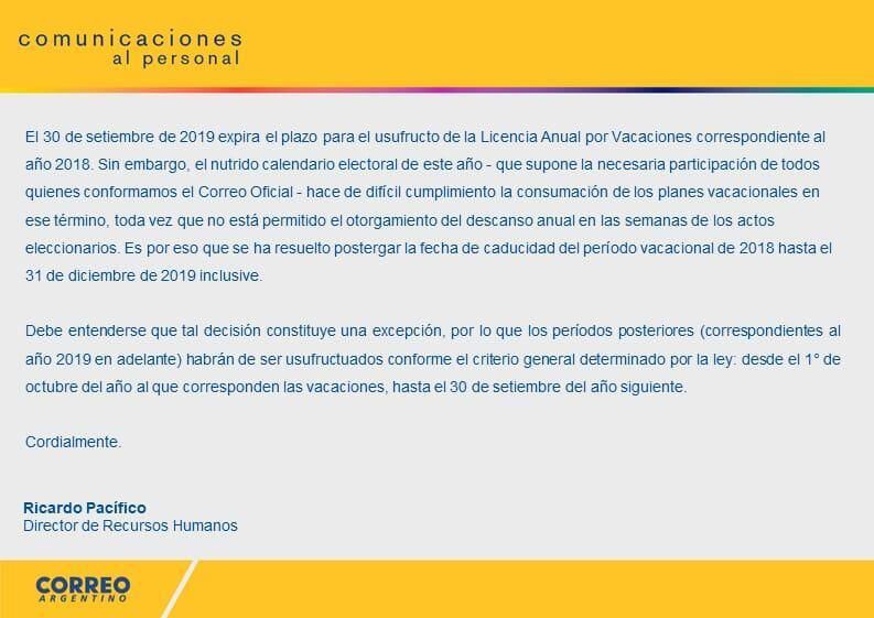 
Comunicado interno del Correo Argentino
