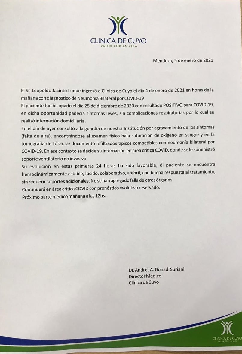 Parte médico de la salud de Leopoldo Luque. /Gentileza