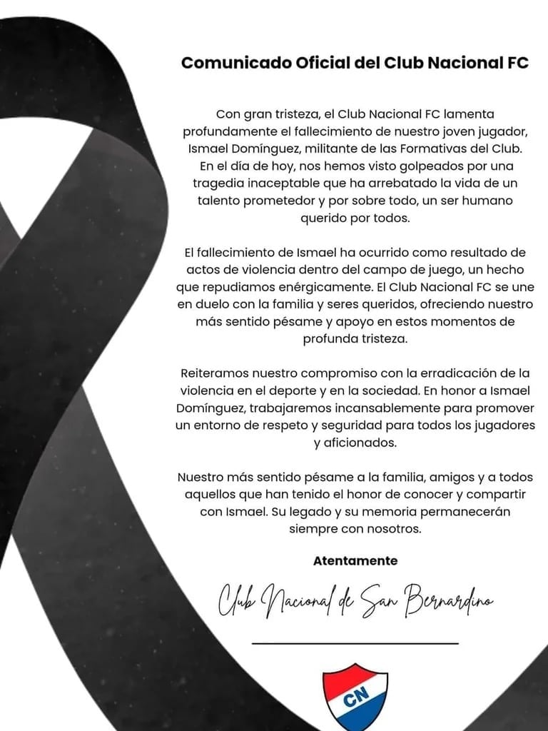 El comunicado de Club Nacional tras la muerte del adolescente.