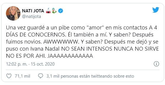 Nati Jota y la sugerencia a sus seguidores