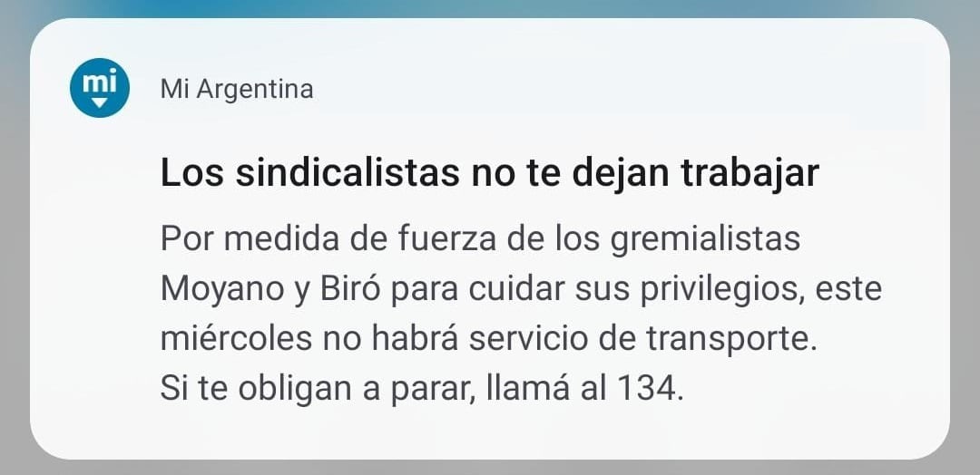 La notificación de la app "Mi Argentina" que apareció en millones de celulares.