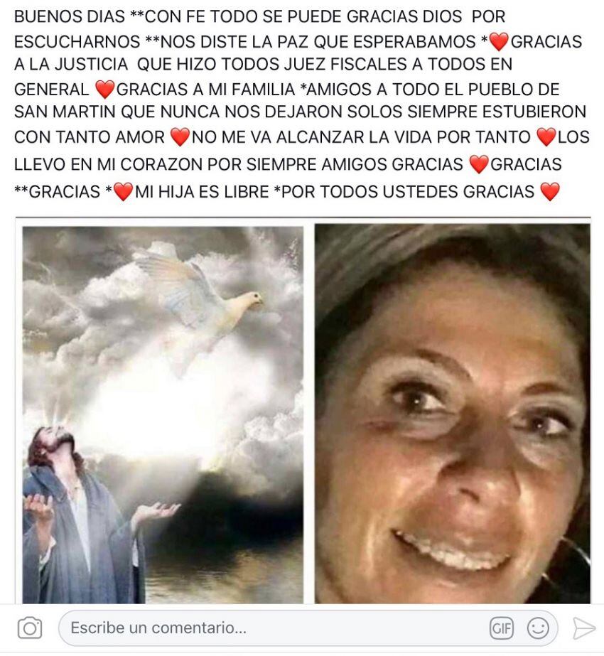 
    Agradecimiento. El sentido posteo de Margarita en las redes.
   