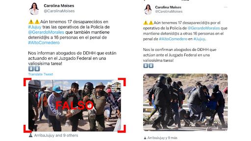 A la izquierda, el primer tuit que publicó Moisés con las imágenes falsas; a la derecha, el tuit que publicó más tarde con otras imágenes