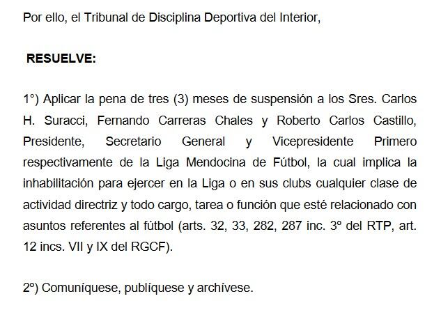 La Tribunal de disciplina del Consejo Federal suspendió a Carlos Suraci, Fernando Carrera y Roberto Castillo.