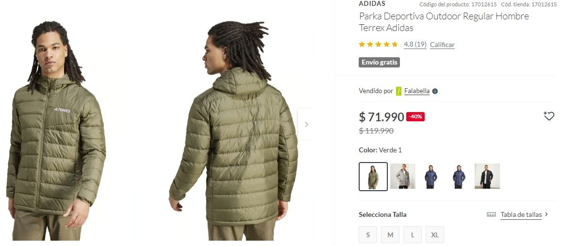 Una Parka deportiva Outdoor para hombre se consigue a $71.990 chilenos, con un 40% de descuento.