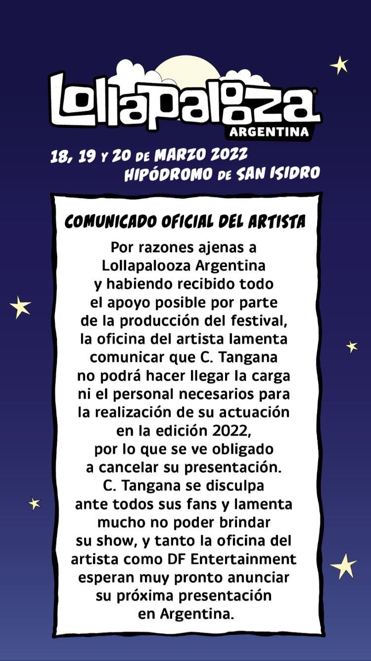 Comunicado de Lollapalooza 2022.