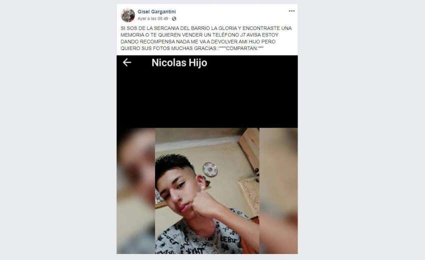 
    El posteo de la madre del adolescente asesinado en Godoy Cruz.
   