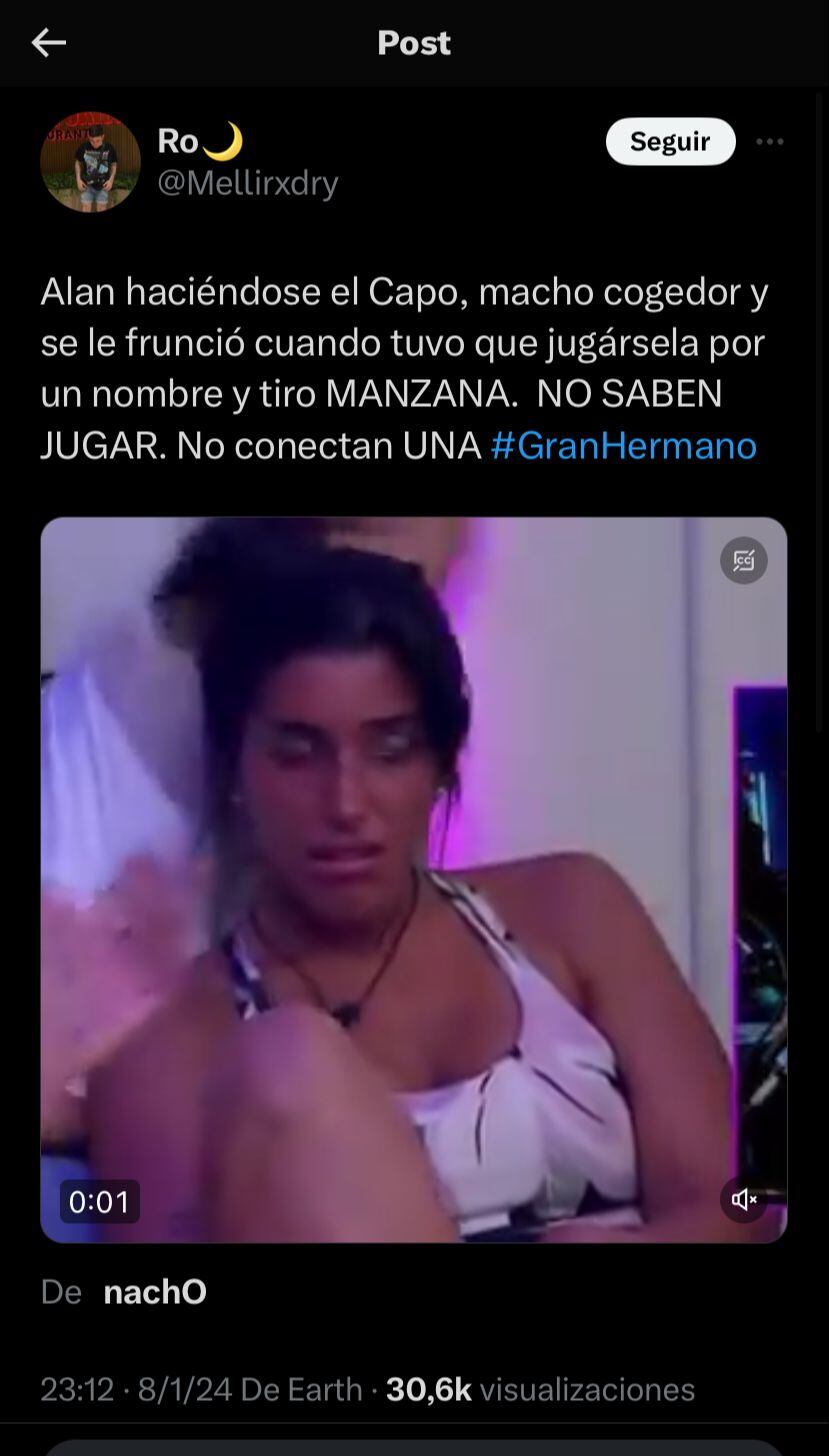 Alan, el blanco de memes por elegir a Manzana para una noche romántica en Gran Hermano. Captura de pantalla.