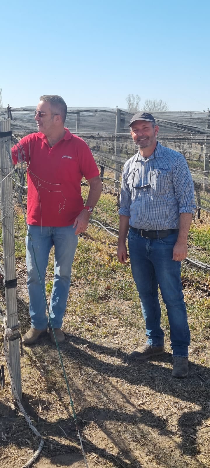 Ziv Charitt y Boaz Guy, ingenieros agrónomos israelíes, de la empresa Netafim, visitaron Mendoza para compartir experiencias sobre riego eficiente y protección contra heladas. Foto: Gentileza