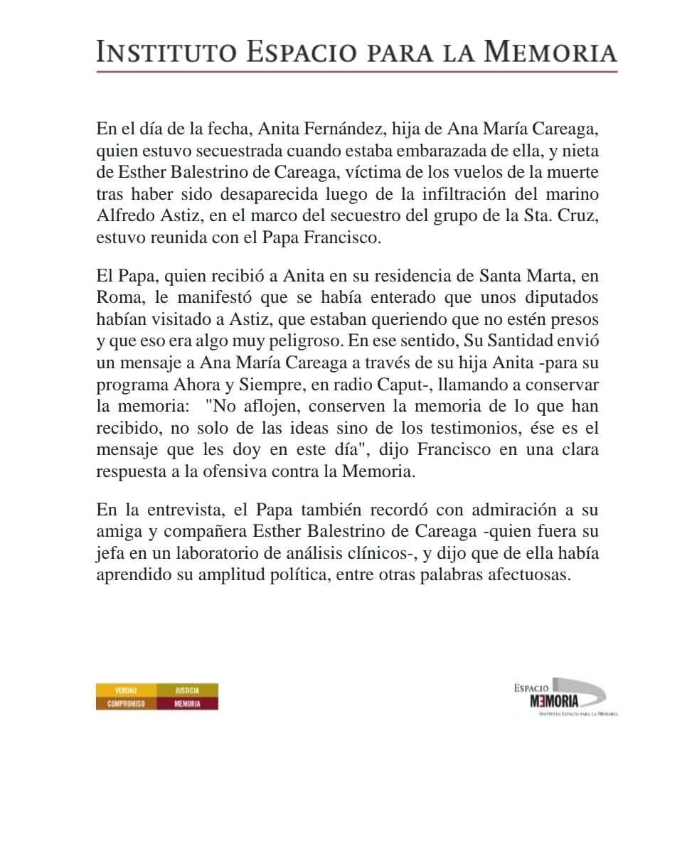 El comunicado del Instituto Espacio para la Memoria tras la reunión del Papa con una nieta de una víctima de Astiz.