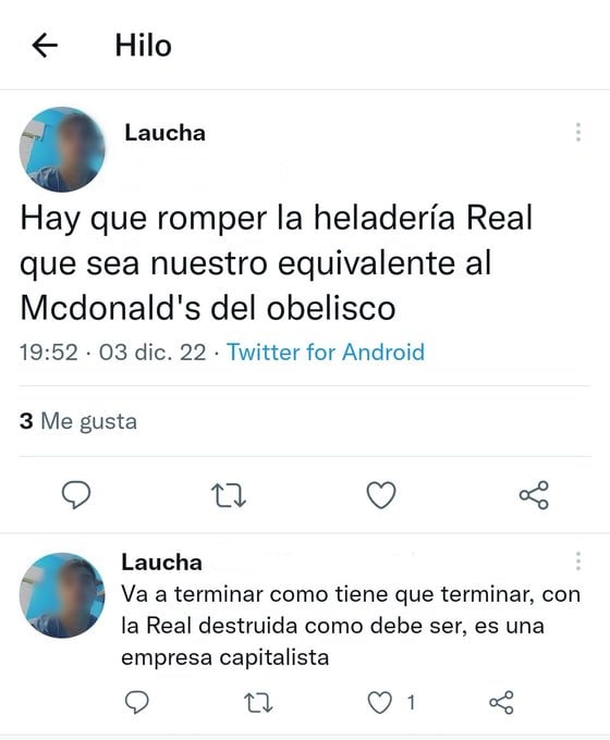 Captura de los tweets que publicó "Laucha", en los que estaría incitando a los hinchas a vandalizar el comercio de Miguel. Foto: Captura Twitter.