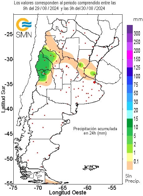 El mapa indica los valores de precipitación acumulada (mm) en Argentina hasta las 9 de la mañana del 30 de agosto de 2024.