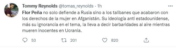 Polémica en redes sociales por las declaraciones de Flor Peña sobre el conflicto Rusia-Ucrania. / Twitter