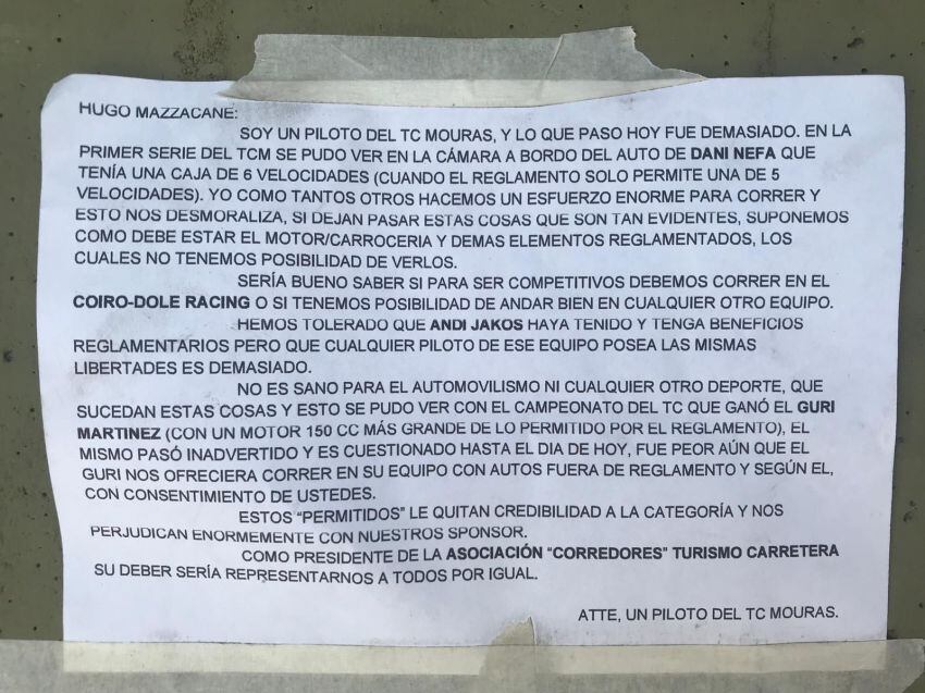 
Denuncia anónima en el Mouras | En el autódromo de La Plata apareció un papel con una fuerte denuncia anónima contra el equipo Dole Racing.
   