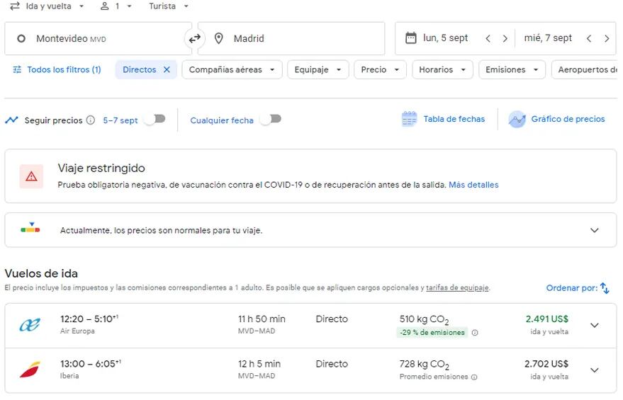 Los precios de vuelos de Montevideo a Madrid. Foto: Captura Google Flight