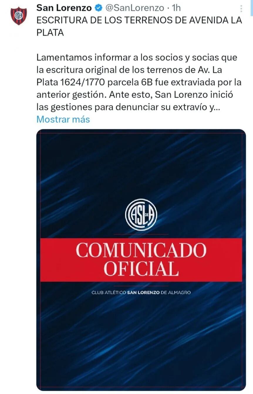 Comunicado oficial de San Lorenzo. / Gentileza.