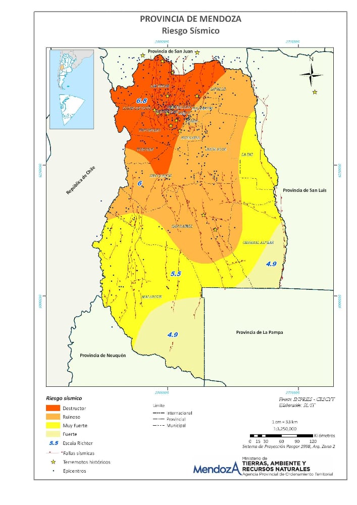 Mapa de riesgo sísmico en Mendoza