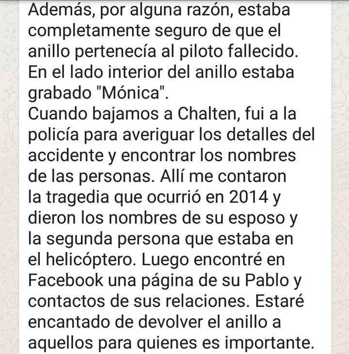 
    El WhatsApp del andinista a la viuda. - Gentileza
   