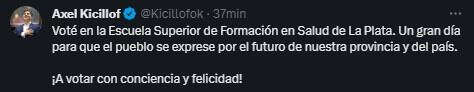 Votó Axel Kicillof y pidió “votar con amor y felicidad”. Foto: X.