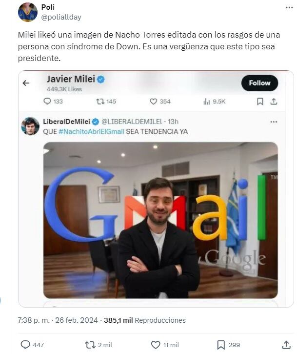 Síndrome de Down: la foto en X que generó polémica por el like de Javier Milei