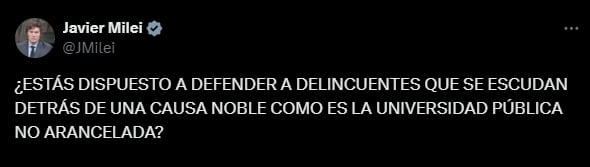 Posteo de este domingo de Javier Milei sobre el financiamiento universitario. Captura: X / @JMilei