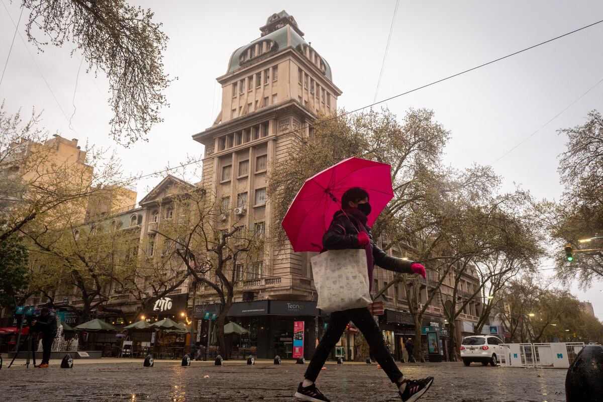 Postal del Pasaje San Martín en una mañana con lluvia y frío.