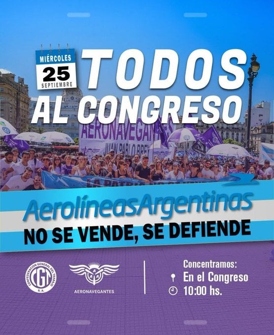 Gremios del transporte preparan una marcha al Congreso para rechazar la privatización de Aerolíneas. Captura: X / @Aeronavegantes