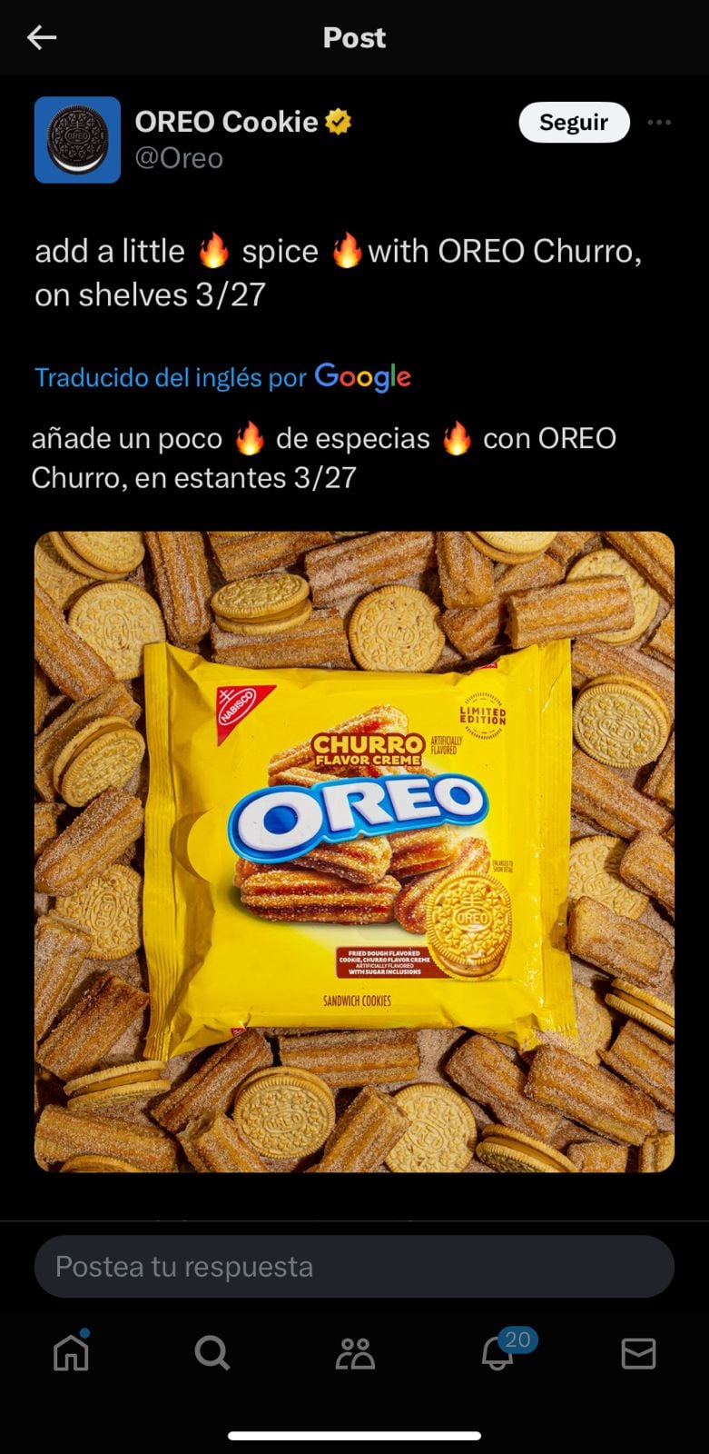 La marca de galletas Oreo lanza una edición limitada de galletas sabor churro. Captura de pantalla.