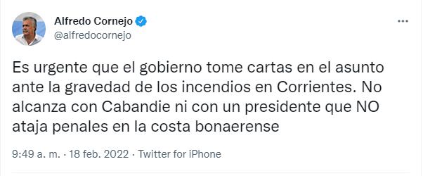 El senador nacional Alfredo Cornejo criticó a Fernández por la gira en la Costa Atlántica.