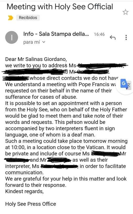 
Intercambio de mails entre las víctimas y el Vaticano. | Gentileza
   