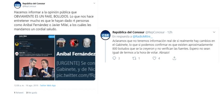 
La aclaración de la cuenta @RepConosur sobre el tuit falso.
