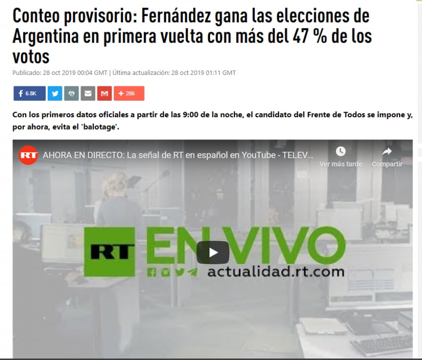 
    RT fue uno de los primeros en destacar la victoria de Fernández.
   