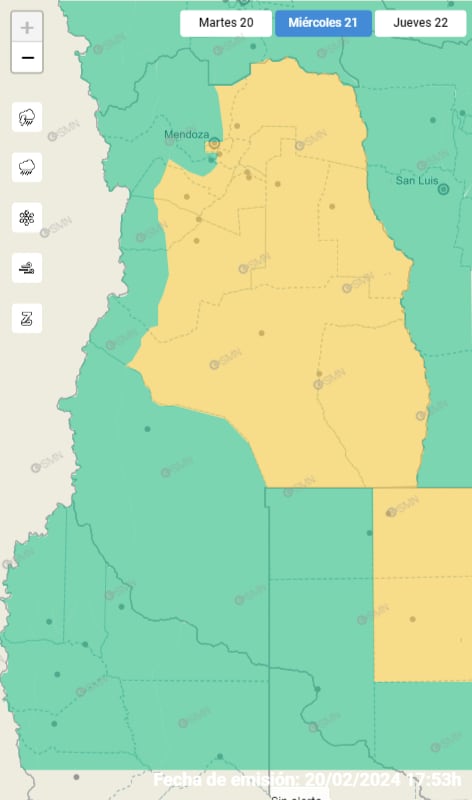 Alerta amarilla por tormentas del Servicio Meteorológico Nacional para este miércoles 21 de febrero.