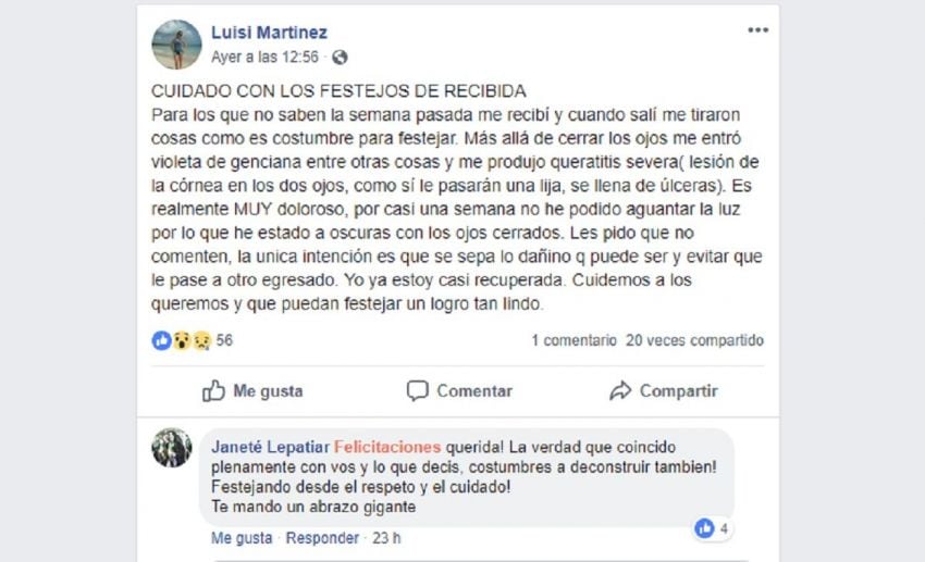 
    El posteo que hizo la mendocina que sufrió queratitis severa tras un festejo de egresada con pintura.
   