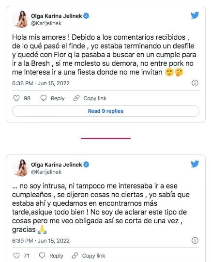 La aclaración de Karina en Twitter